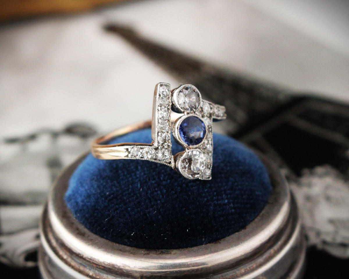 ANTIQUE ART DECO SAPPHIRE &amp; DIAMOND RING 14ct GOLD