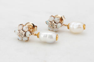 BESPOKE VINTAGE OPAL, DIAMOND & PEARL EARRINGS 9ct GOLD