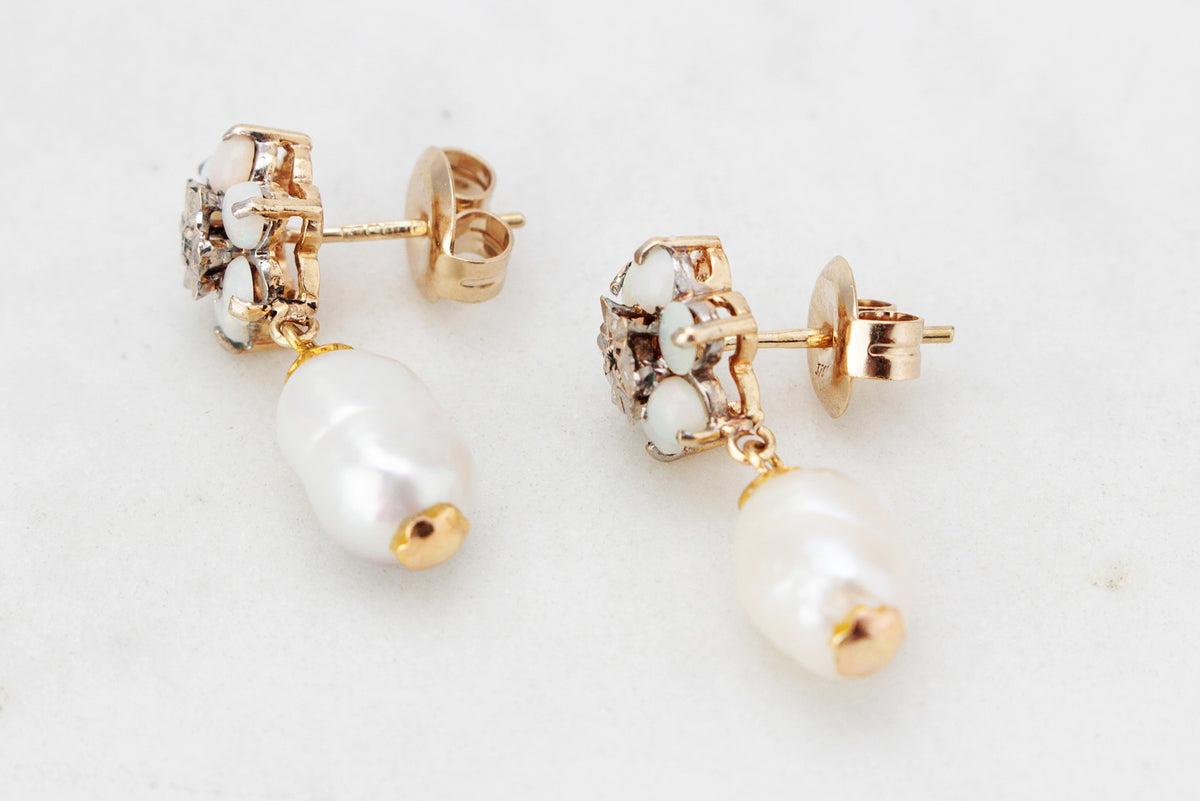BESPOKE VINTAGE OPAL, DIAMOND &amp; PEARL EARRINGS 9ct GOLD