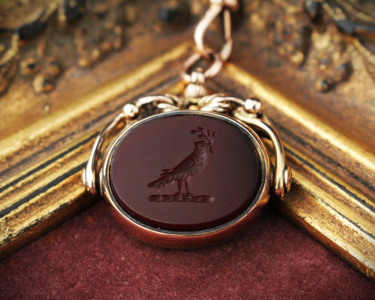 ANTIQUE VICTORIAN CARNELIAN INTAGLIO &amp; BLOODSTONE SEAL FOB SPINNER 9ct GOLD