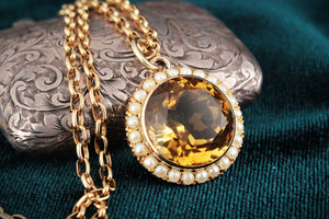 ANTIQUE EDWARDIAN CITRINE & PEARL PENDANT 9ct GOLD