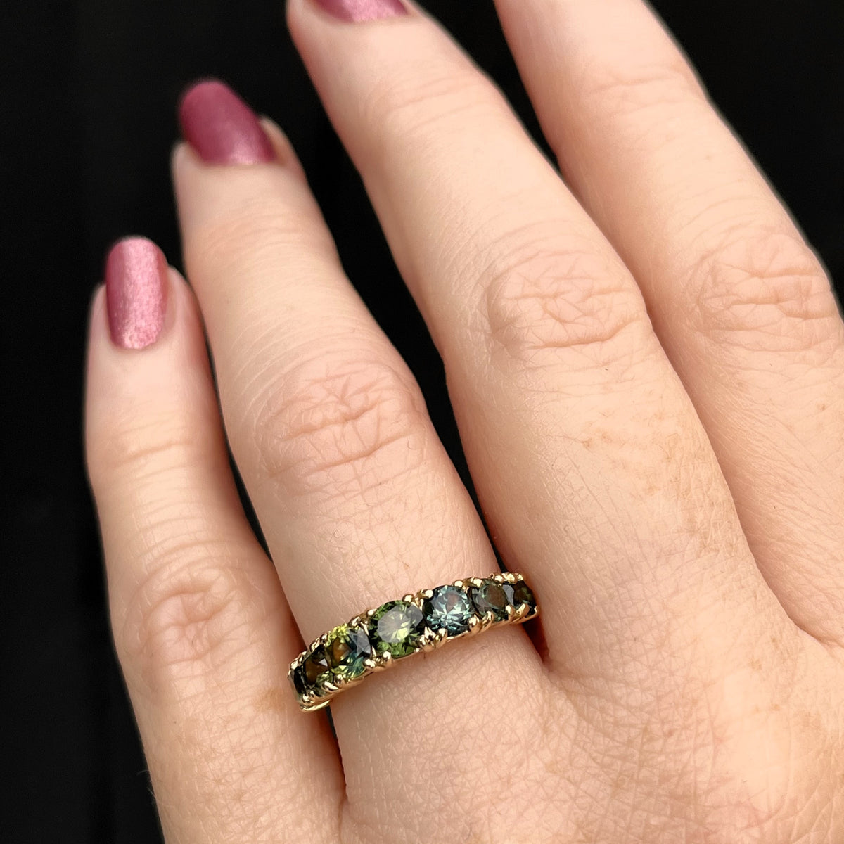 R&amp;V BESPOKE SEVEN STONE SAPPHIRE HALF HOOP RING 9ct YELLOW GOLD