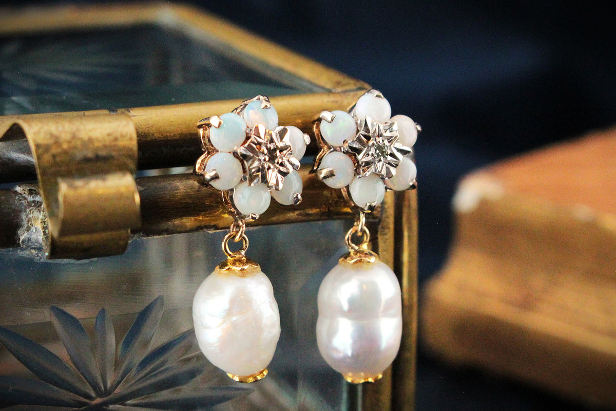 BESPOKE VINTAGE OPAL, DIAMOND &amp; PEARL EARRINGS 9ct GOLD