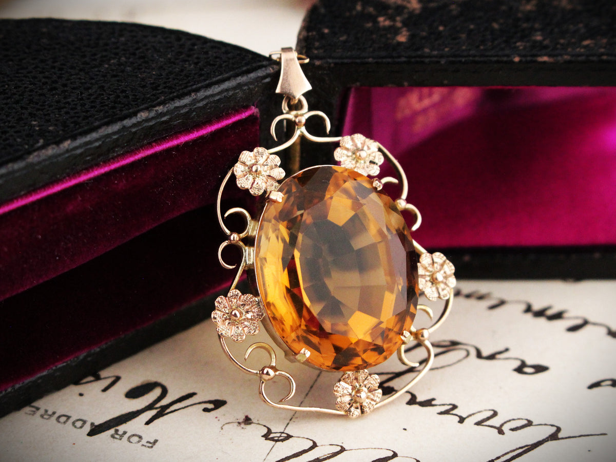 ANTIQUE ARTS &amp; CRAFTS CITRINE PENDANT &amp; CHAIN 9ct GOLD