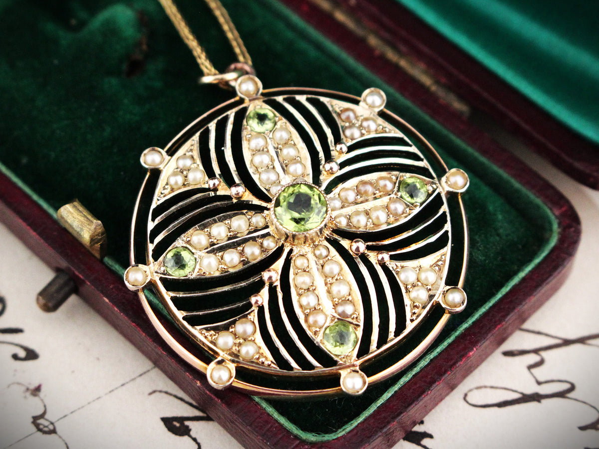 ANTIQUE EDWARDIAN PERIDOT &amp; SEED PEARL PENDANT 9ct GOLD