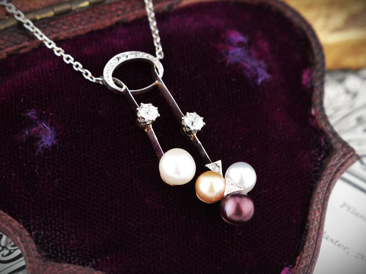 DECO DIAMOND &amp; PEARL NECKLACE 9ct GOLD &amp; PLATINUM