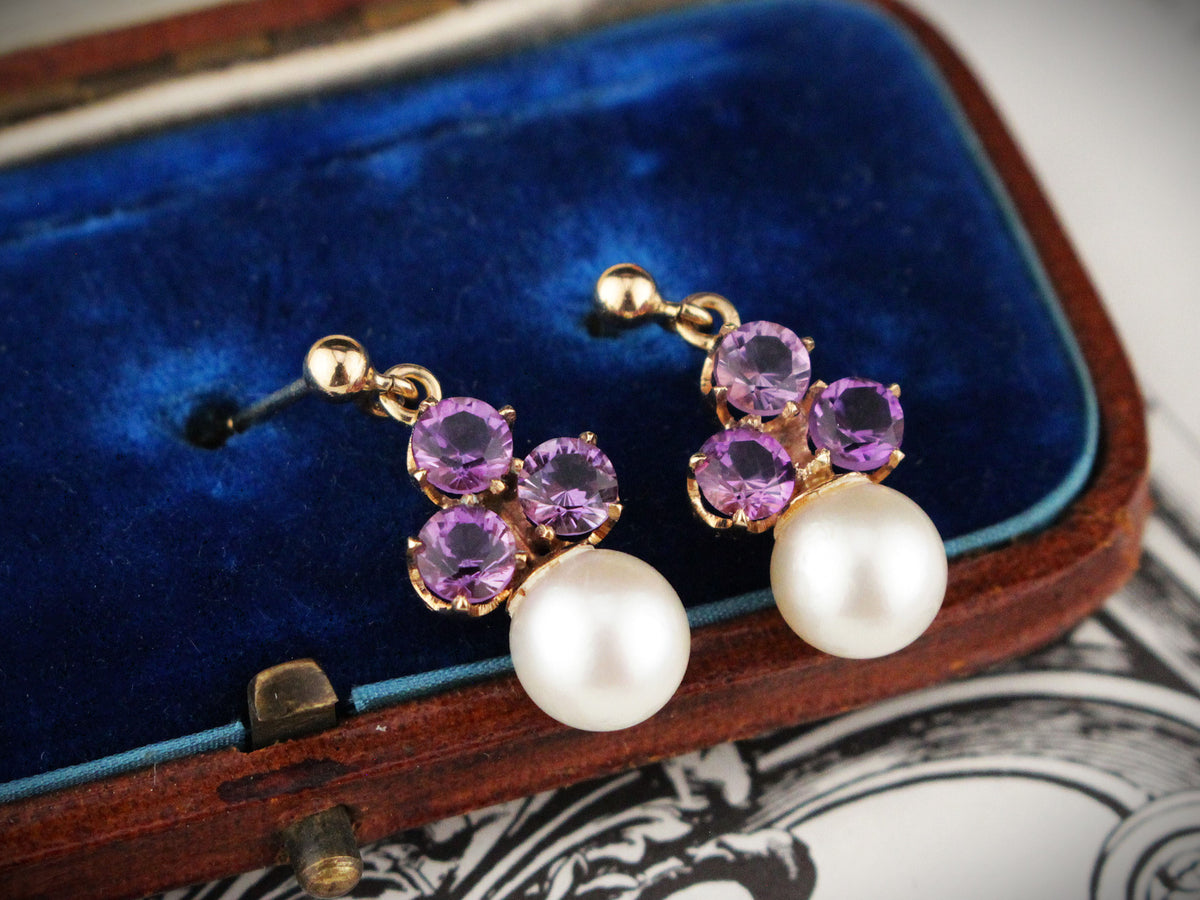 VINTAGE MID CENTURY AMETHYST & PEARL EARRINGS 9ct GOLD