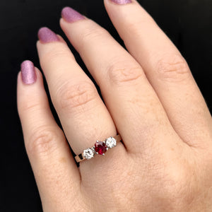 VINTAGE LATE ART DECO c1940 DIAMOND & RUBY RING 18ct WHITE GOLD