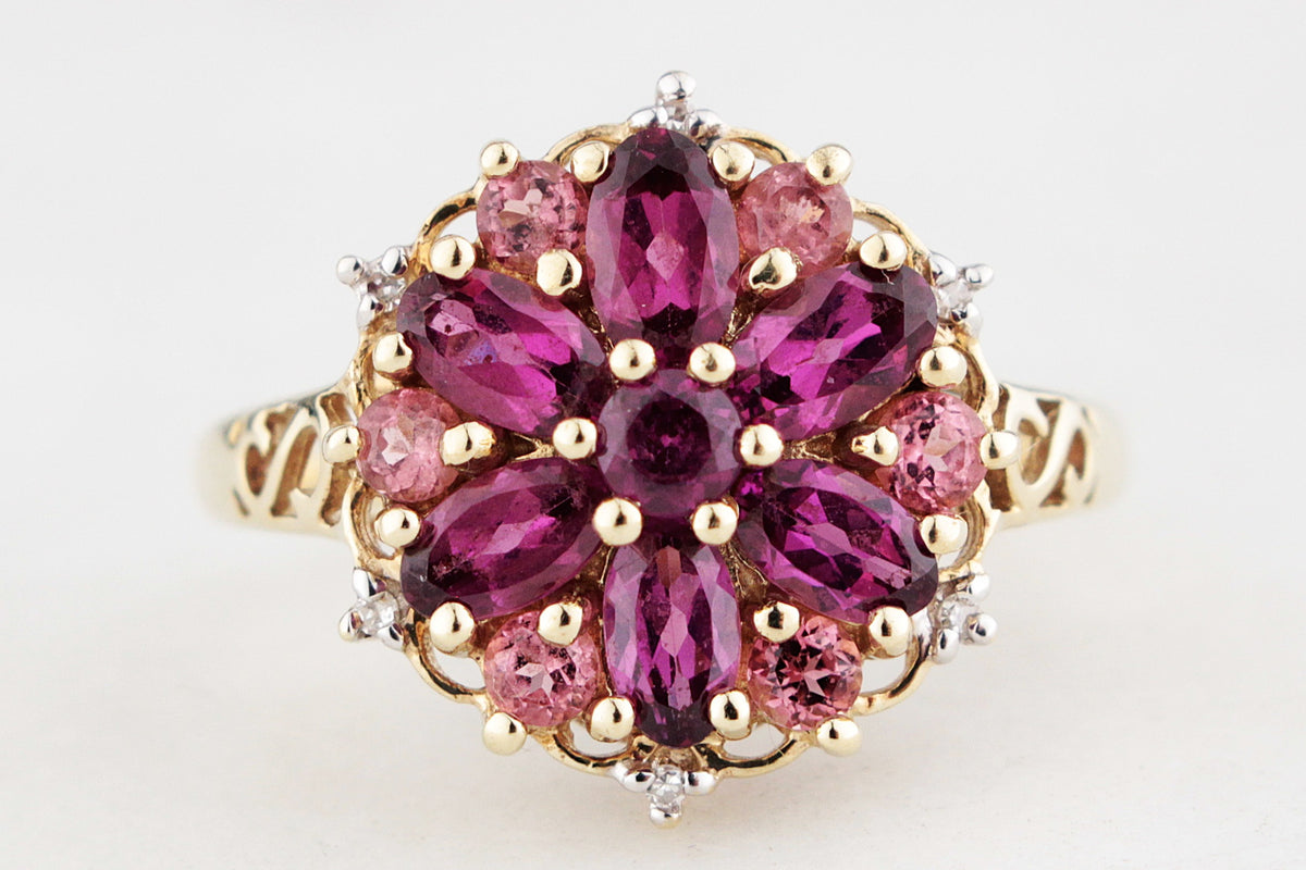 RETRO PYROPE GARNET, TOURMALINE &amp; DIAMOND RING 9ct GOLD