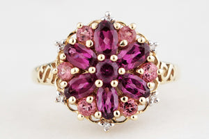 RETRO PYROPE GARNET, TOURMALINE & DIAMOND RING 9ct GOLD