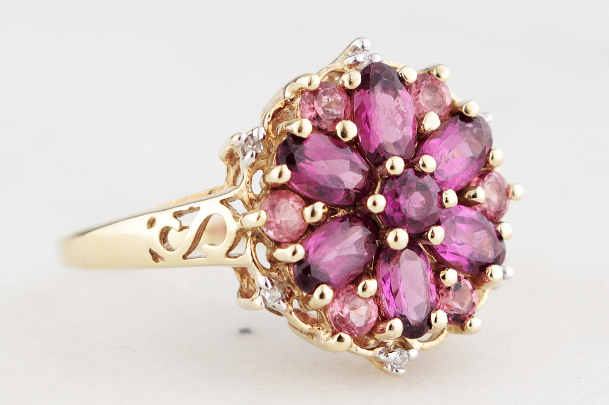 RETRO PYROPE GARNET, TOURMALINE &amp; DIAMOND RING 9ct GOLD