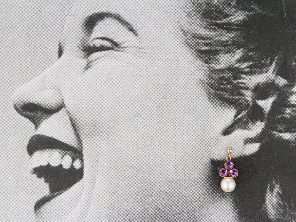 VINTAGE MID CENTURY AMETHYST & PEARL EARRINGS 9ct GOLD