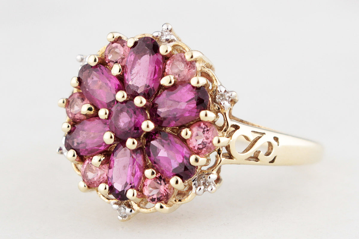 RETRO PYROPE GARNET, TOURMALINE &amp; DIAMOND RING 9ct GOLD