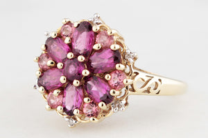 RETRO PYROPE GARNET, TOURMALINE & DIAMOND RING 9ct GOLD