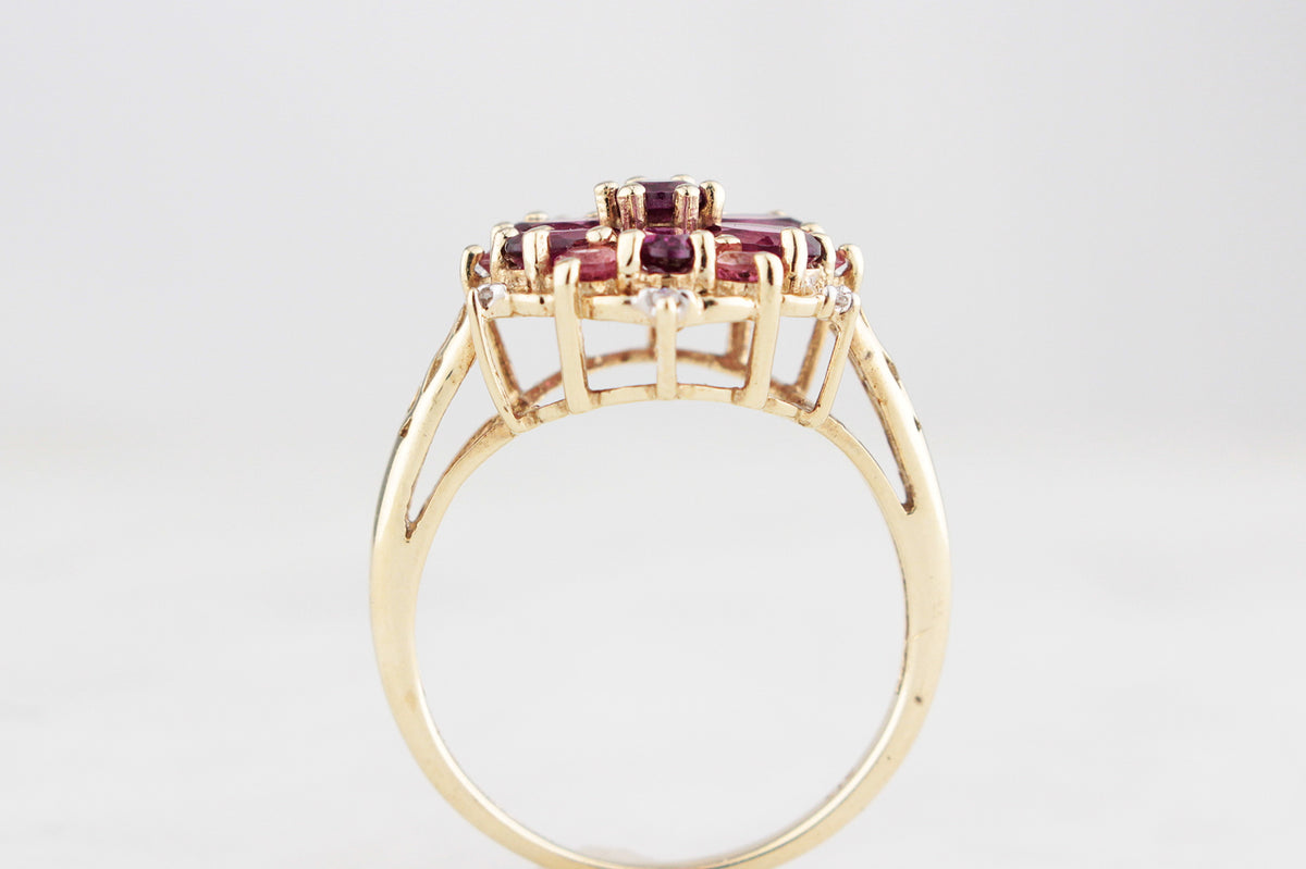 RETRO PYROPE GARNET, TOURMALINE &amp; DIAMOND RING 9ct GOLD