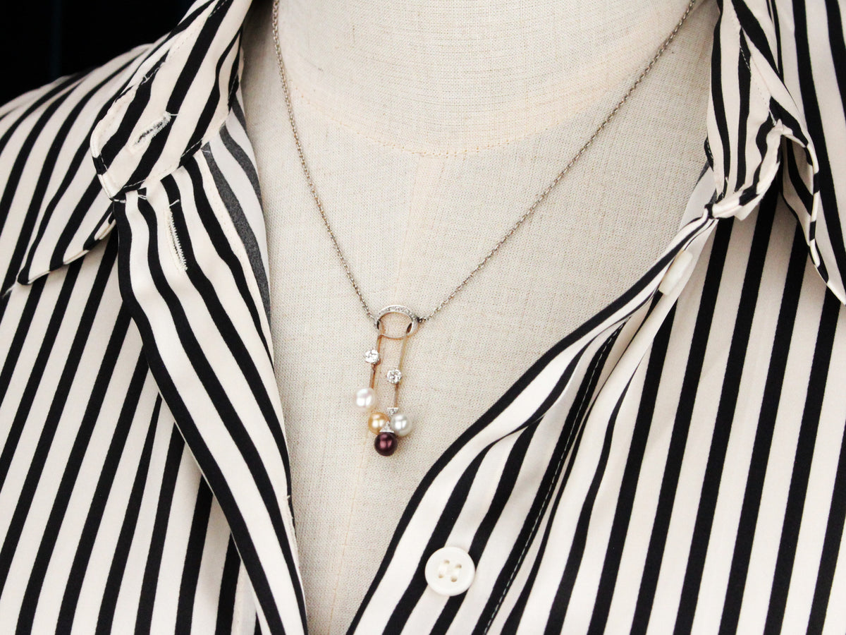 DECO DIAMOND &amp; PEARL NECKLACE 9ct GOLD &amp; PLATINUM