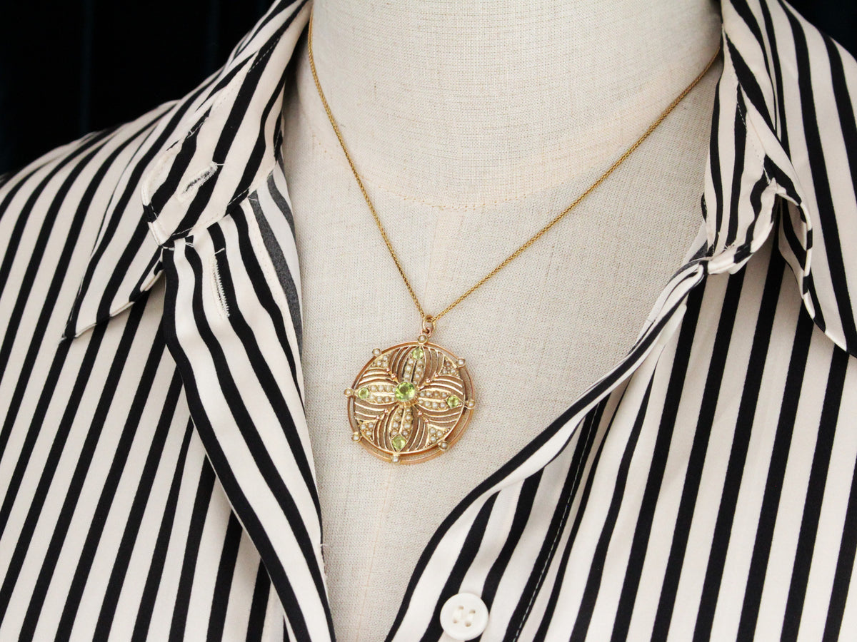 ANTIQUE EDWARDIAN PERIDOT &amp; SEED PEARL PENDANT 9ct GOLD