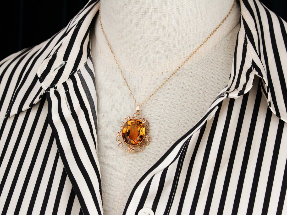 ANTIQUE ARTS &amp; CRAFTS CITRINE PENDANT &amp; CHAIN 9ct GOLD
