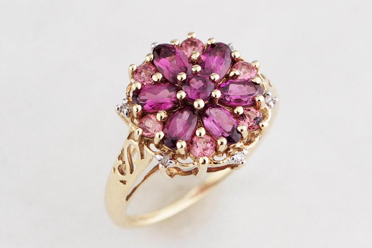 RETRO PYROPE GARNET, TOURMALINE &amp; DIAMOND RING 9ct GOLD