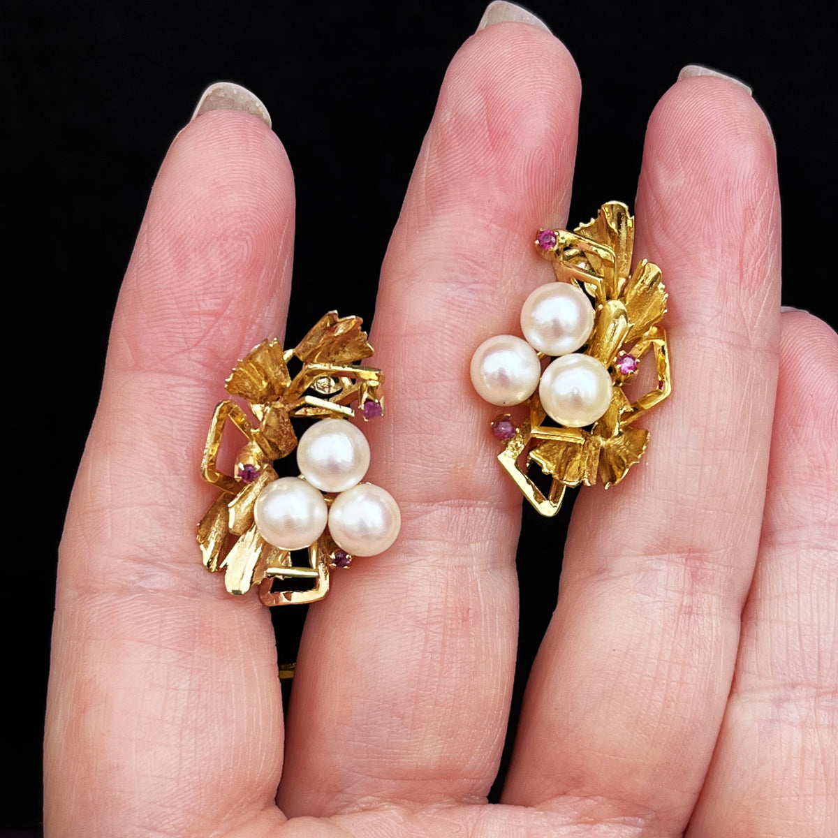 MID-CENTURY c1960’s PEARL &amp; RUBY EARRINGS 14ct GOLD