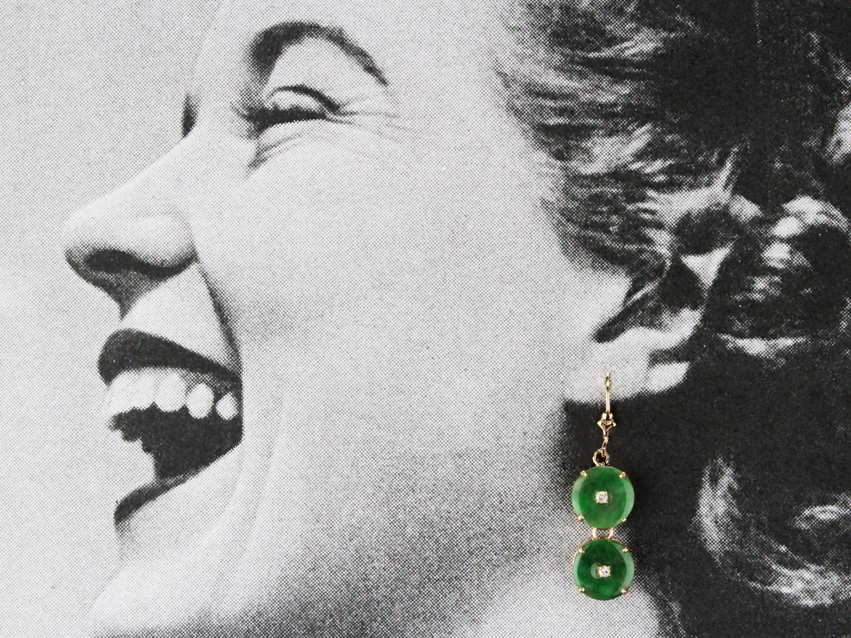 VINTAGE ART DECO JADE &amp; DIAMOND EARRINGS 14ct GOLD