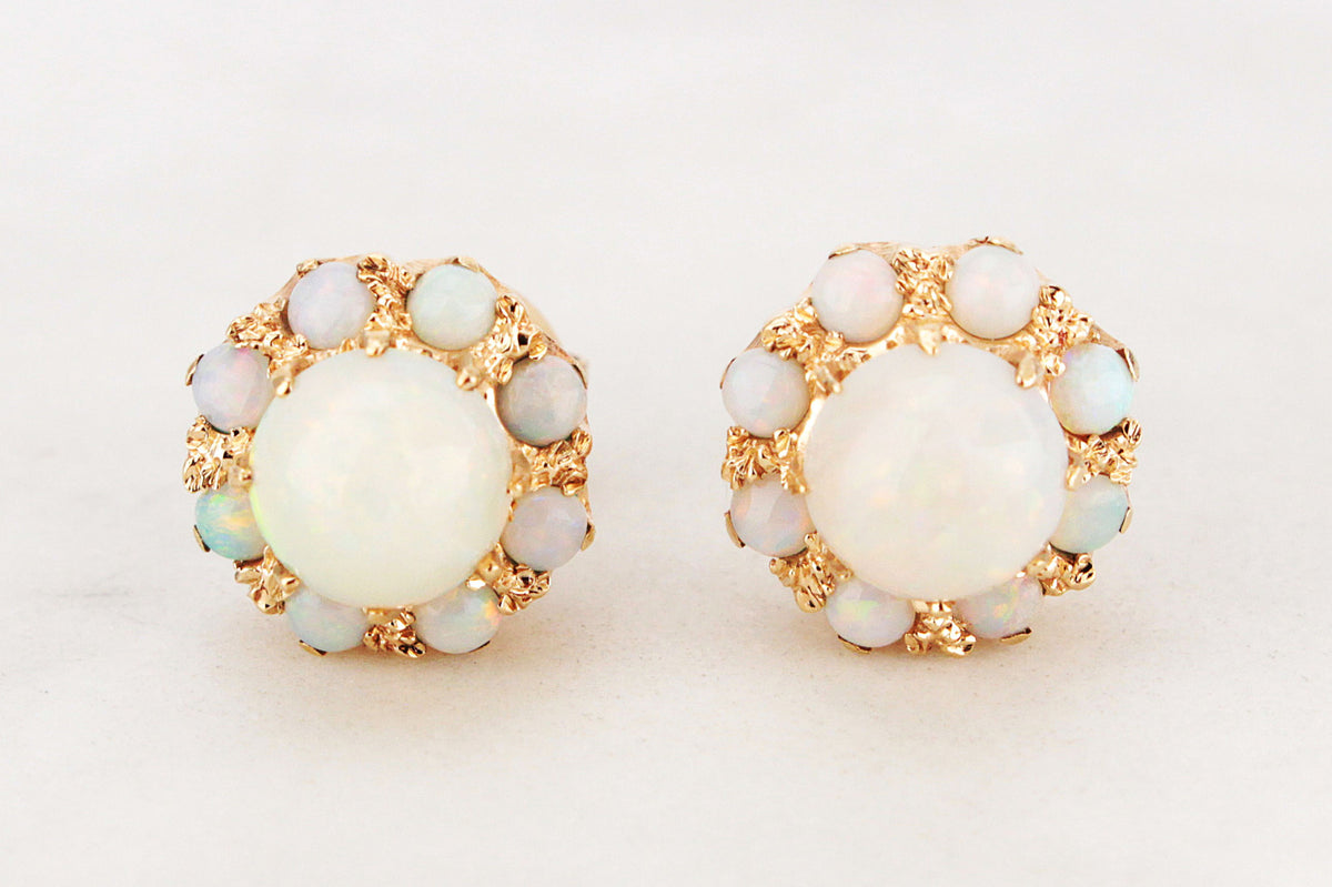 VINTAGE SOLID OPAL CLUSTER EARRINGS 9ct GOLD