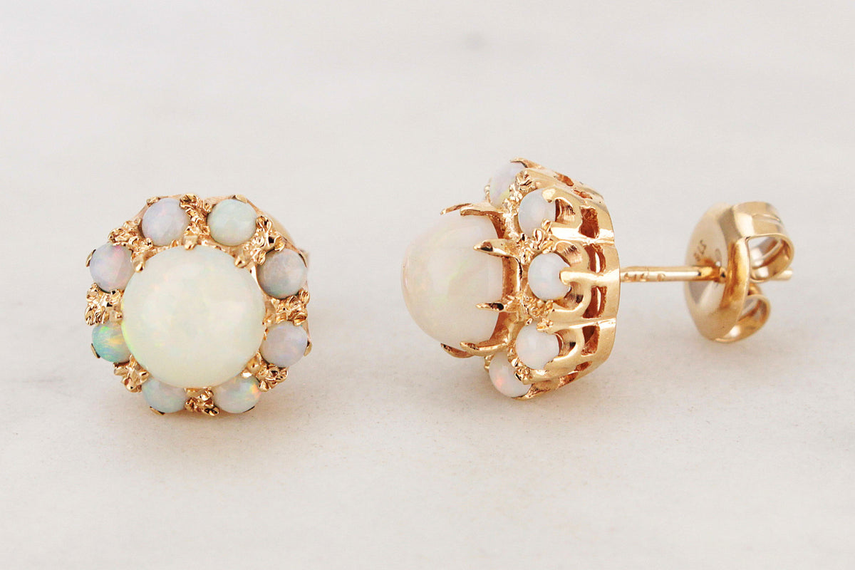 VINTAGE SOLID OPAL CLUSTER EARRINGS 9ct GOLD