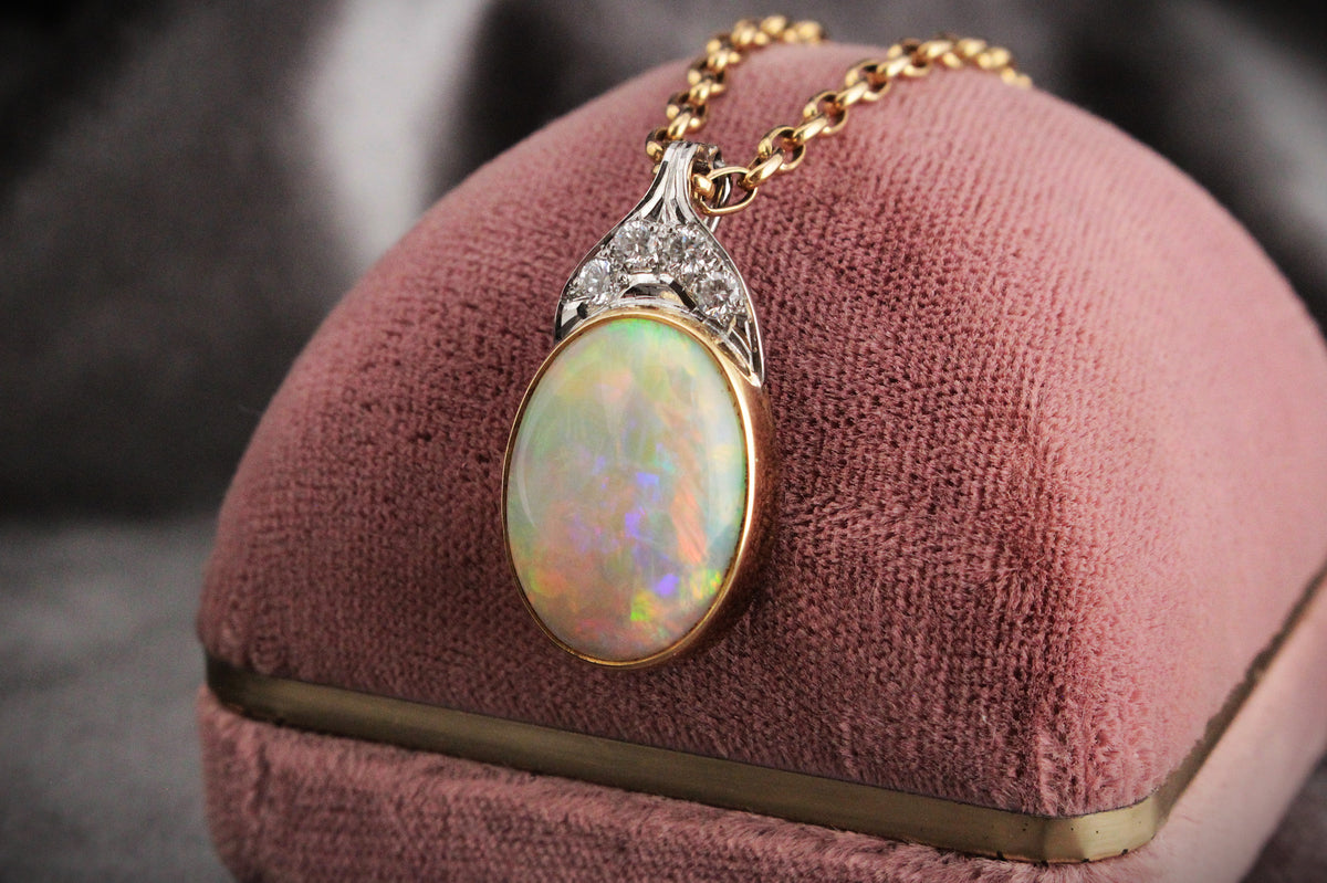 VINTAGE SOLID OPAL &amp; DIAMOND ENHANCER PENDANT 18ct GOLD