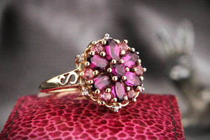 RETRO PYROPE GARNET, TOURMALINE & DIAMOND RING 9ct GOLD