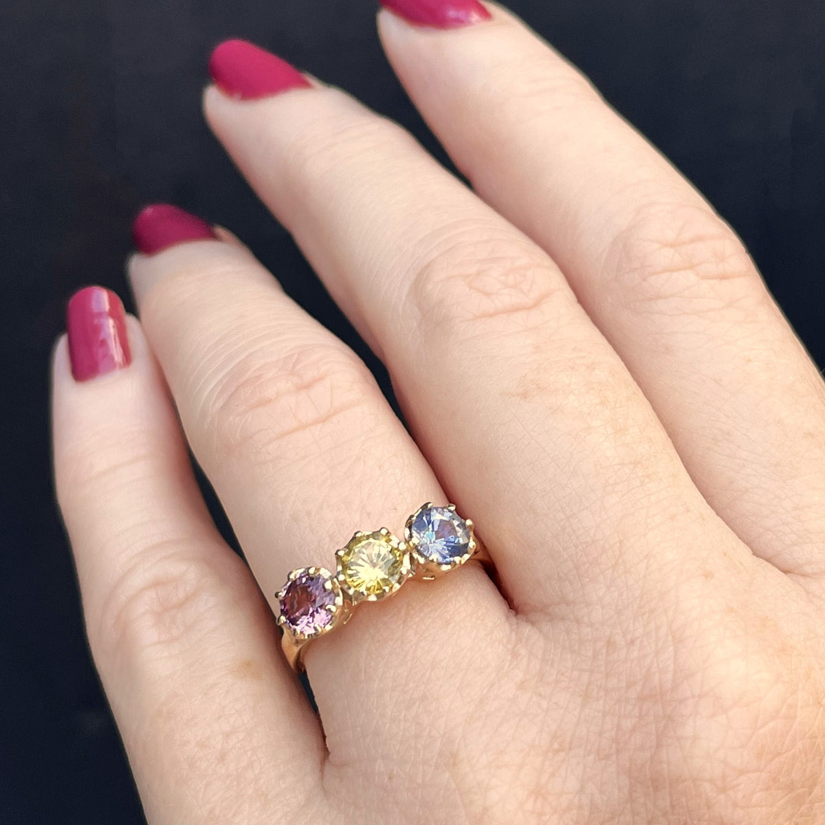 R&amp;V BESPOKE SAPPHIRE TRILOGY RING 9ct YELLOW GOLD