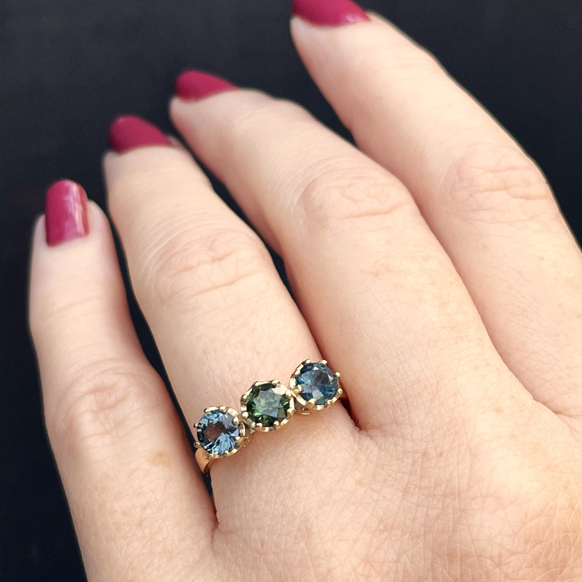 R&amp;V BESPOKE SAPPHIRE TRILOGY RING 9ct YELLOW GOLD