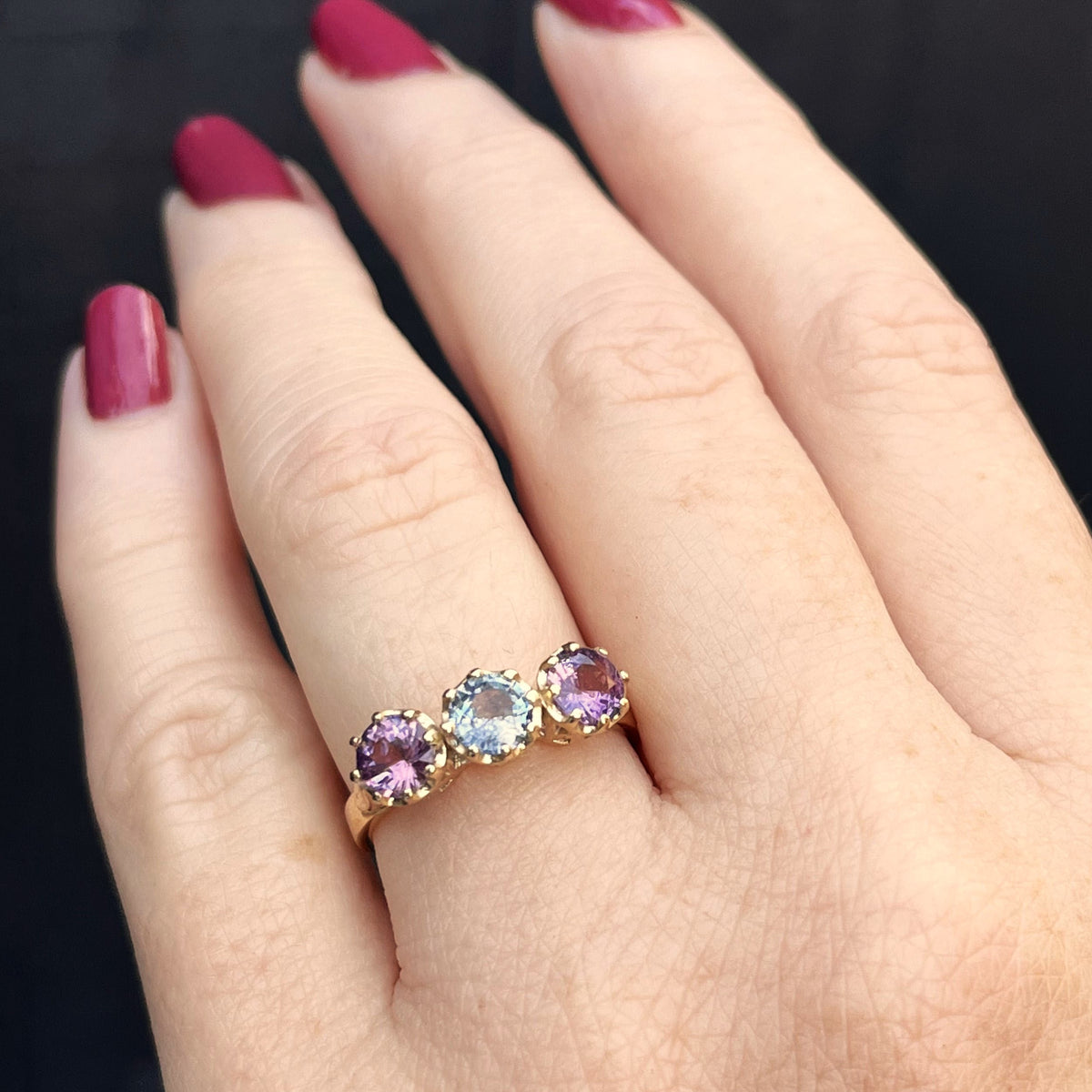 R&amp;V BESPOKE SAPPHIRE TRILOGY RING 9ct YELLOW GOLD