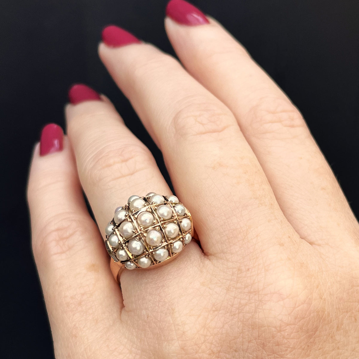 VINTAGE c1940 PEARL BOMBE RING 14ct ROSE GOLD
