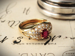 RETRO RUBY & DIAMOND RING 18ct YELLOW GOLD