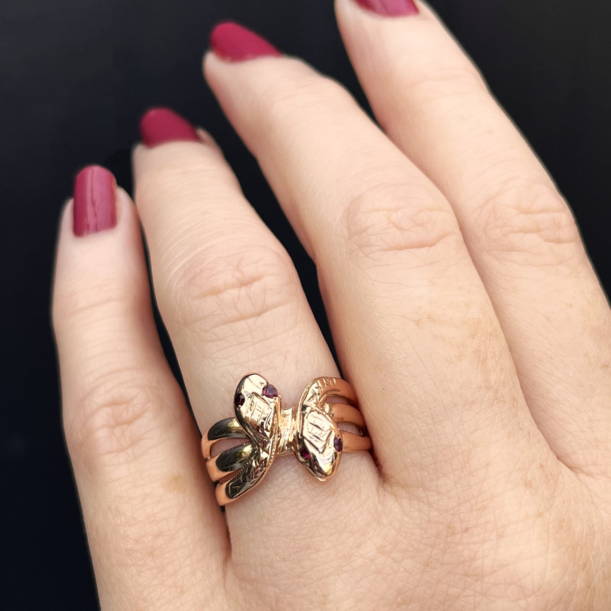 ANTIQUE EDWARDIAN c1910 DOUBLE RUBY SNAKE RING 9ct ROSE GOLD