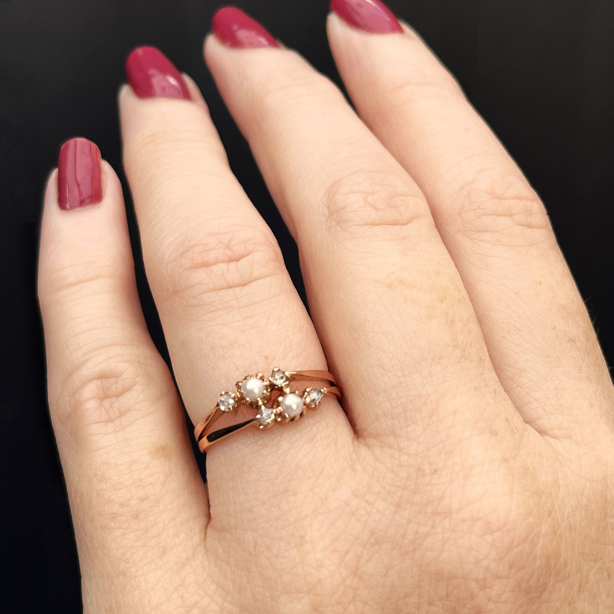 ANTIQUE VICTORIAN c1890 PEARL &amp; ROSE CUT DIAMOND RING 9ct ROSE GOLD