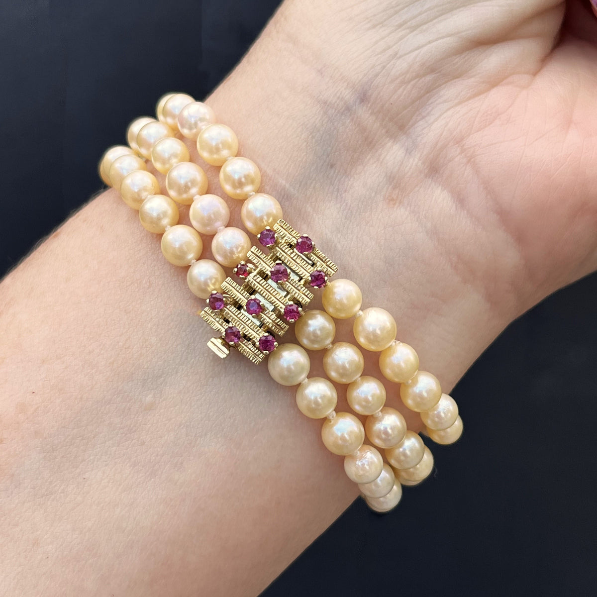 VINTAGE MID CENTYURY c1960 TRIPLE ROW PEARL & RUBY BRACELET 14ct YELLOW GOLD