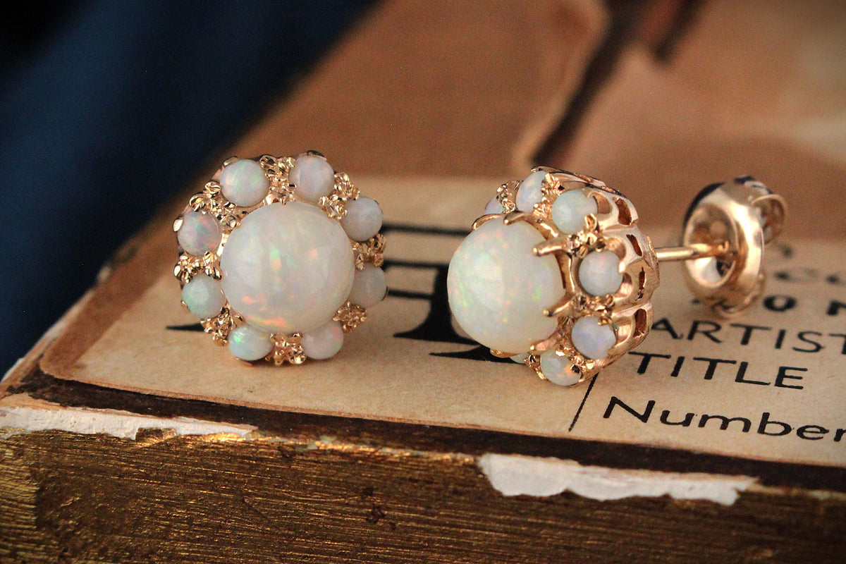 VINTAGE SOLID OPAL CLUSTER EARRINGS 9ct GOLD