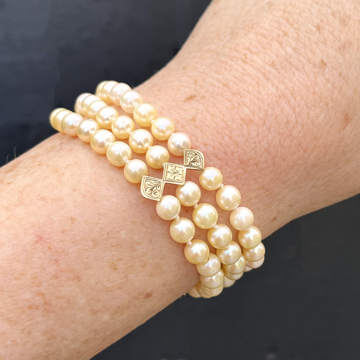 VINTAGE MID CENTYURY c1960 TRIPLE ROW PEARL & RUBY BRACELET 14ct YELLOW GOLD