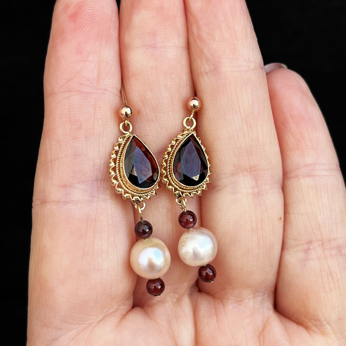 BESPOKE GARNET &amp; PEARL EARRINGS 9ct GOLD