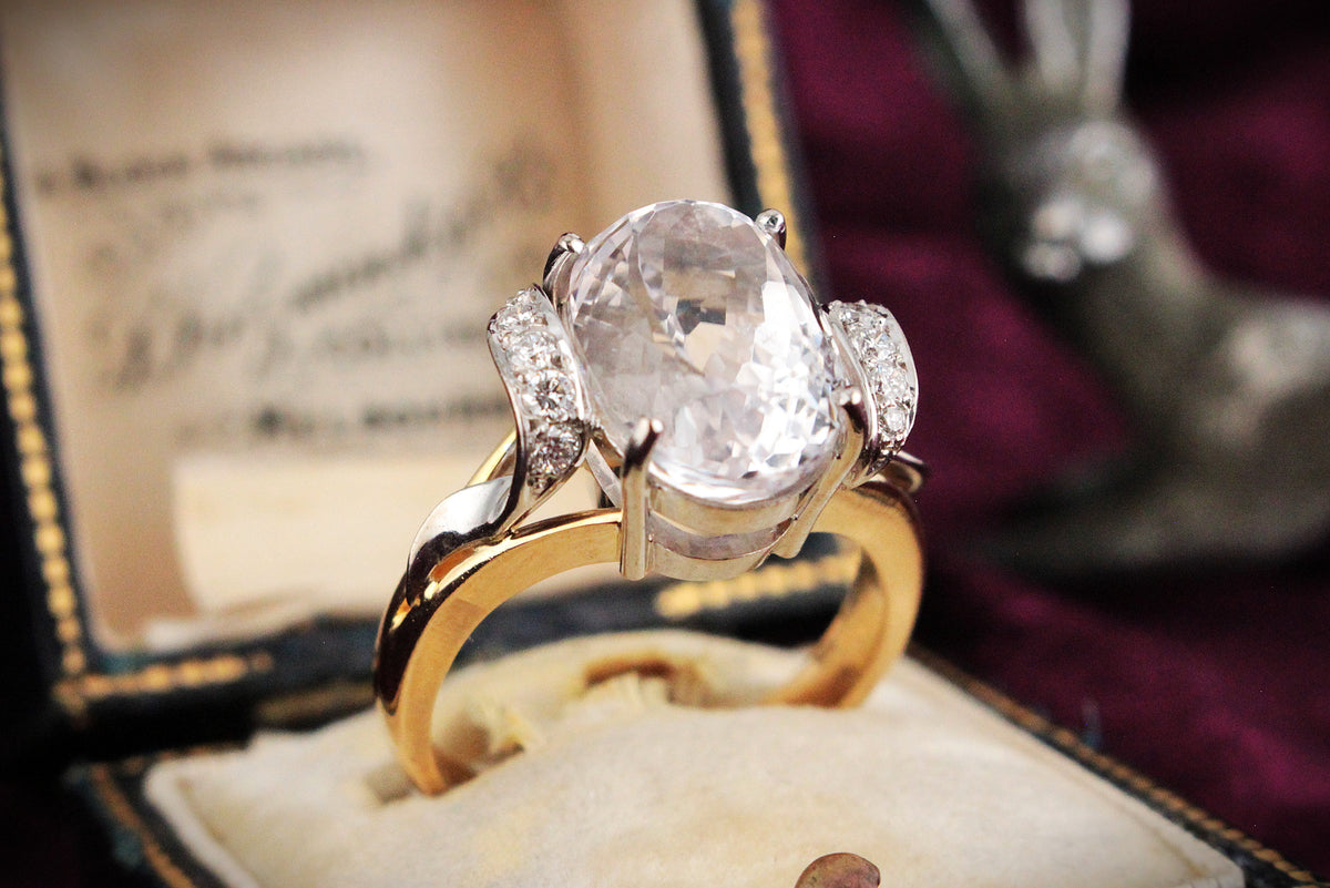 VINTAGE 7.90ct KUNZITE &amp; DIAMOND RING 18ct GOLD