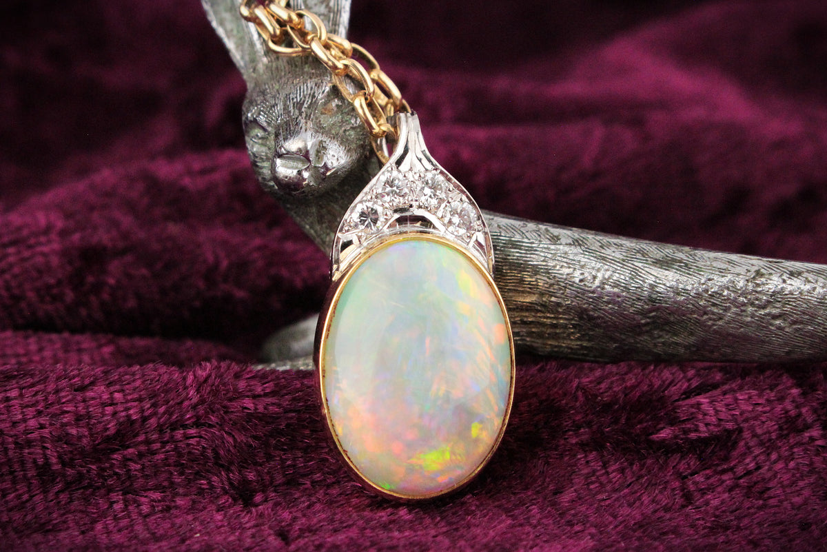 VINTAGE SOLID OPAL &amp; DIAMOND ENHANCER PENDANT 18ct GOLD
