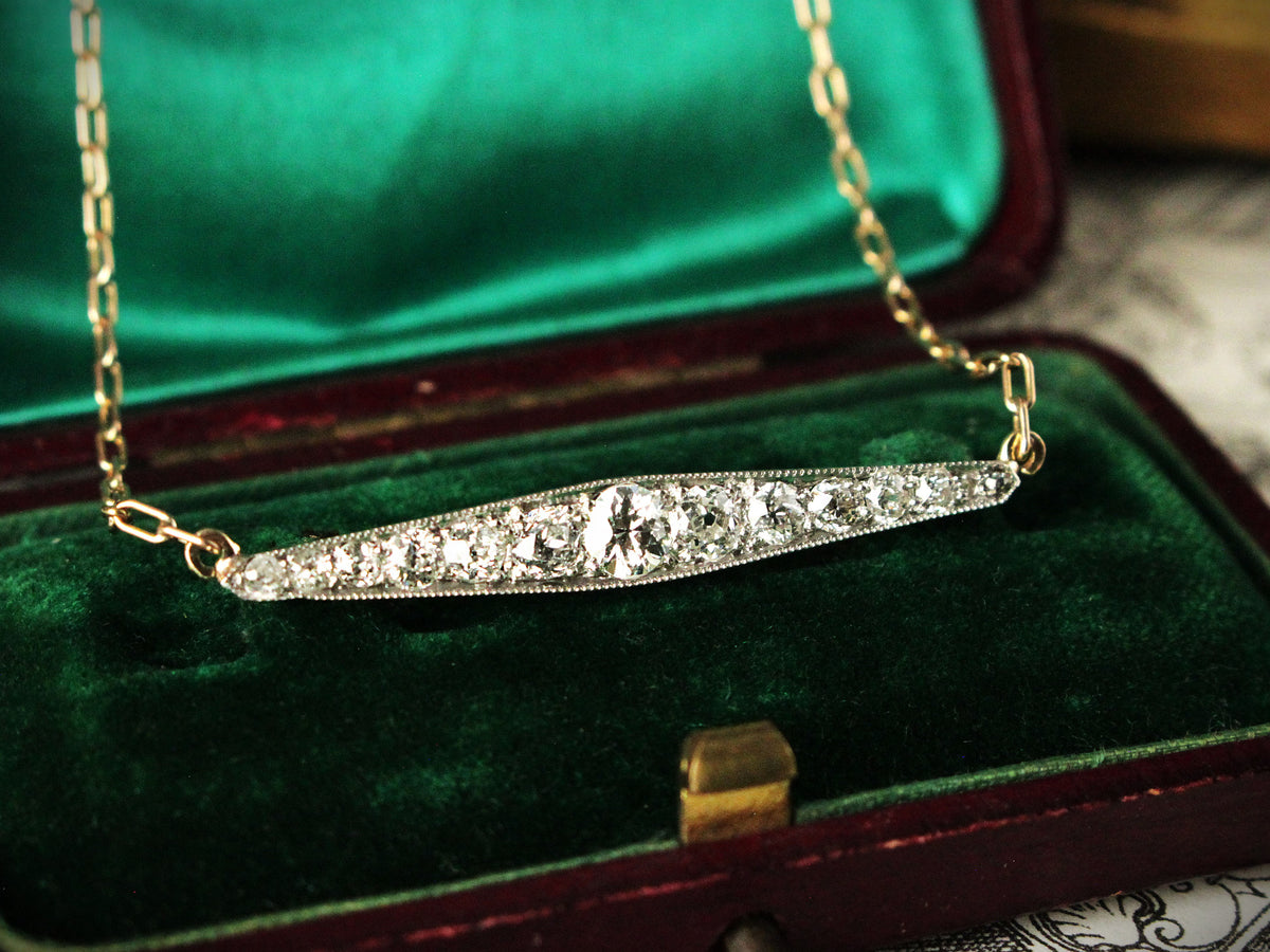 ANTIQUE EDWARDIAN 1.27ct DIAMOND BAR PENDANT SILVER &amp; 9ct GOLD