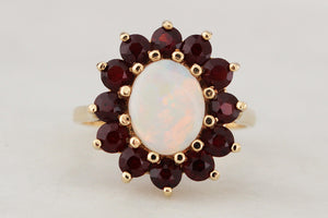 MID-CENTURY 1976 OPAL & GARNET RING 9ct GOLD