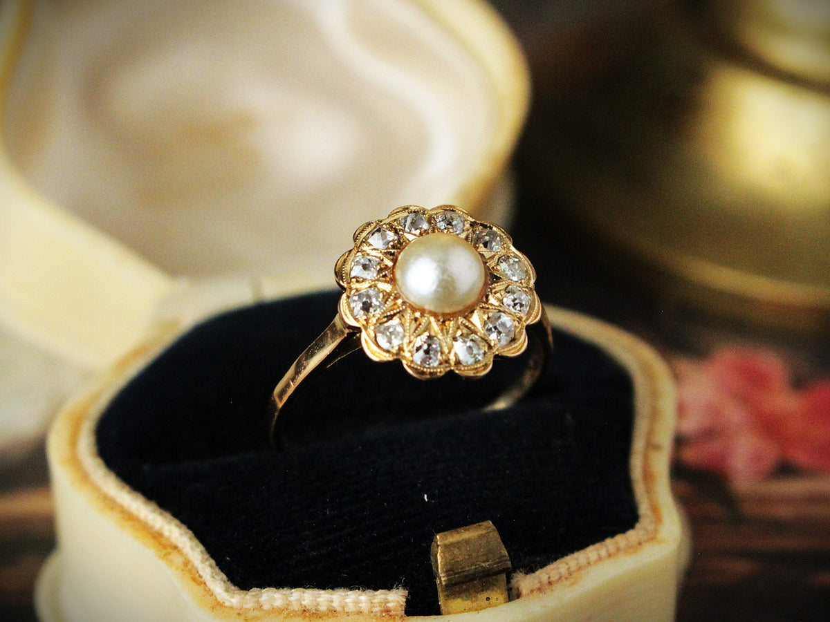 ANTIQUE EDWARDIAN DIAMOND &amp; PEARL RING 18ct GOLD