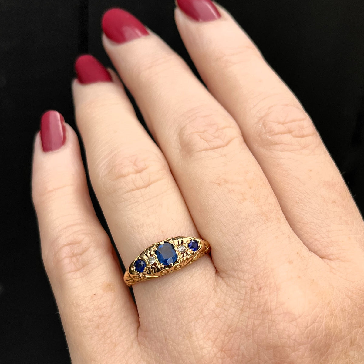 ANTIQUE EDWARDIAN 1910 SAPPHIRE & DIAMOND RING 18ct YELLOW GOLD