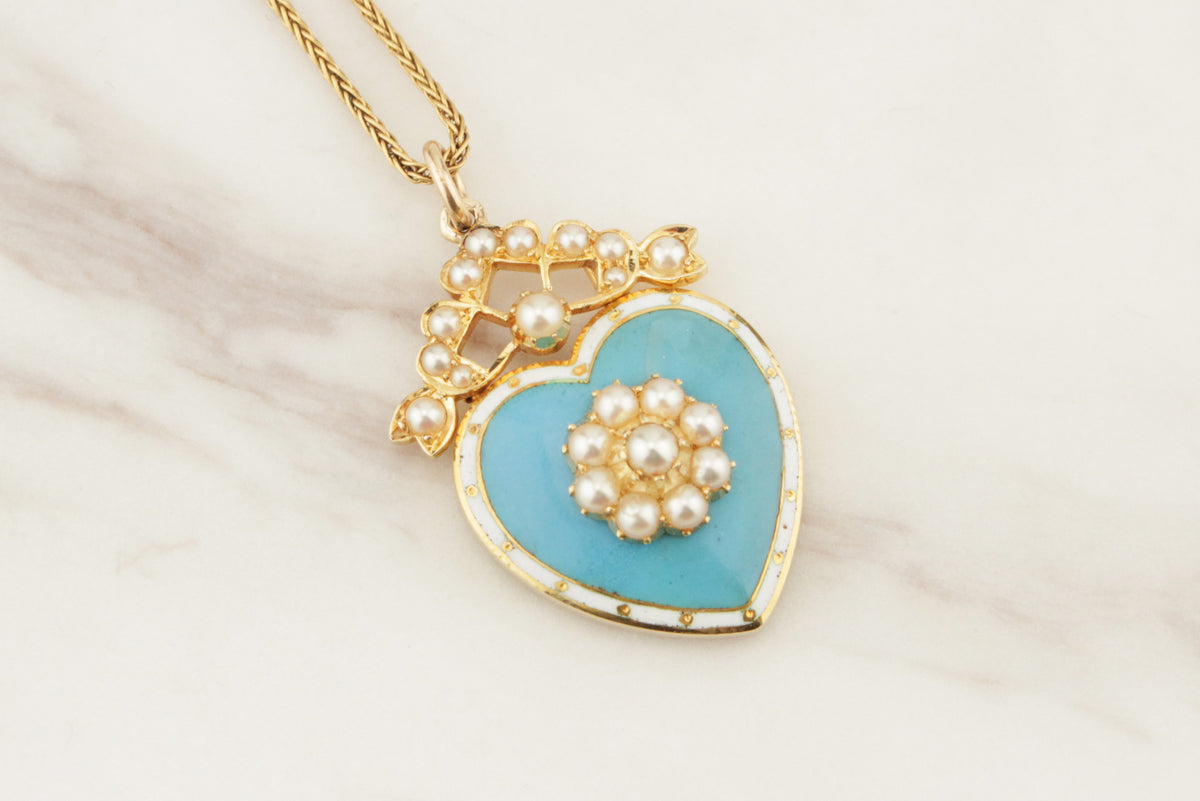 ANTIQUE EDWARDIAN EARLY 1900’s SEED PEARL & ENAMEL PENDANT 18ct YELLOW GOLD