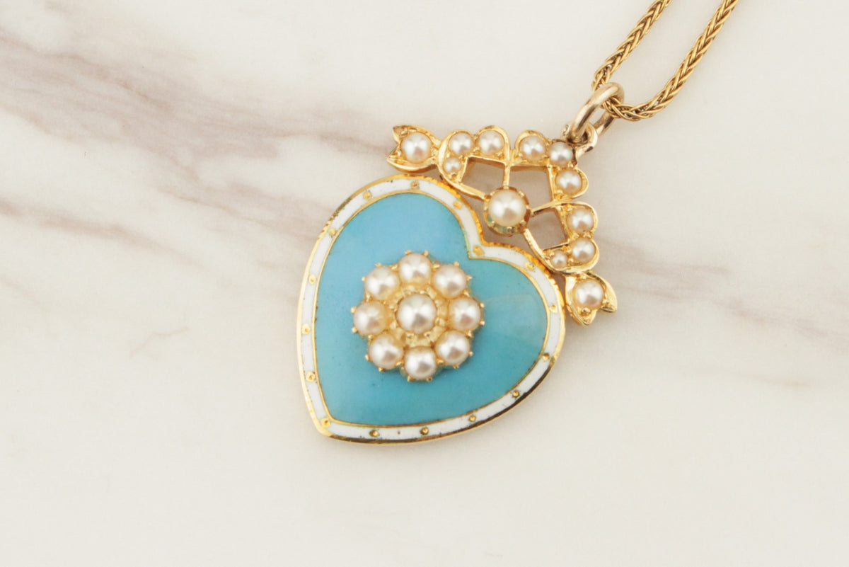 ANTIQUE EDWARDIAN EARLY 1900’s SEED PEARL & ENAMEL PENDANT 18ct YELLOW GOLD