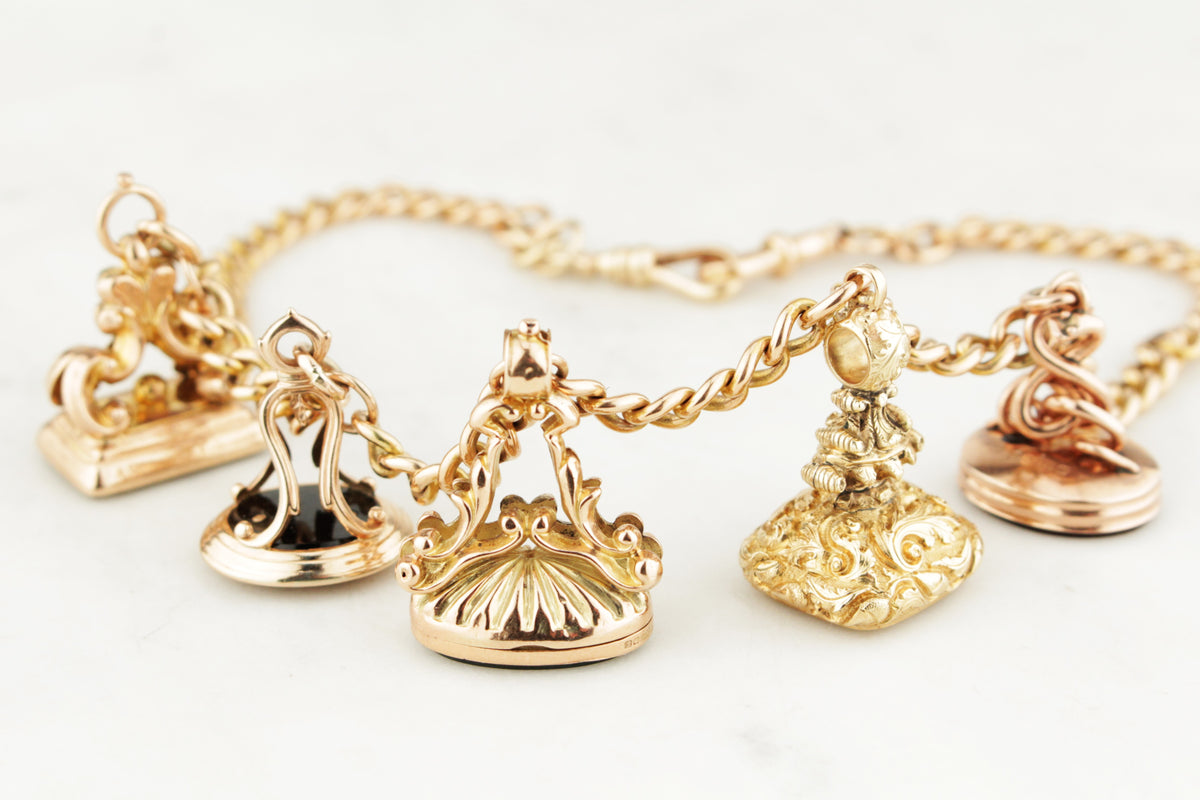 ANTIQUE EDWARDIAN ALBERT CHAIN NECKLACE & FOB SEALS 15ct & 9ct GOLD