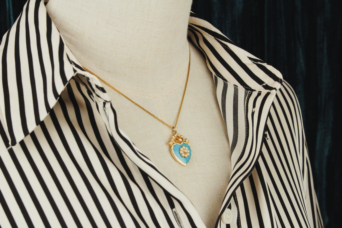 ANTIQUE EDWARDIAN EARLY 1900’s SEED PEARL & ENAMEL PENDANT 18ct YELLOW GOLD